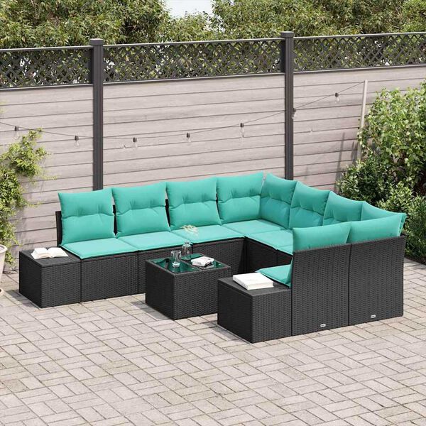 vidaXL Garden Sofa Set with Cushion 9 pcs Black Poly Rattan