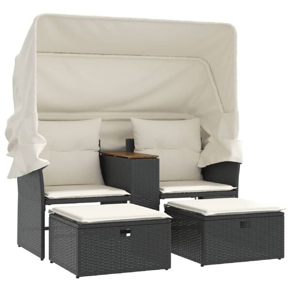vidaXL Garden Sofa 2-Seater with Canopy and Stools Black Poly Rattan