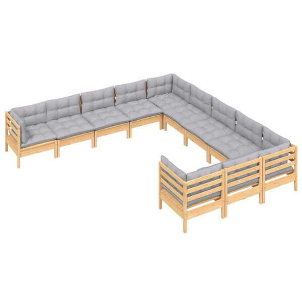 vidaXL 11 Piece Garden Lounge Set with Grey Cushions Pinewood