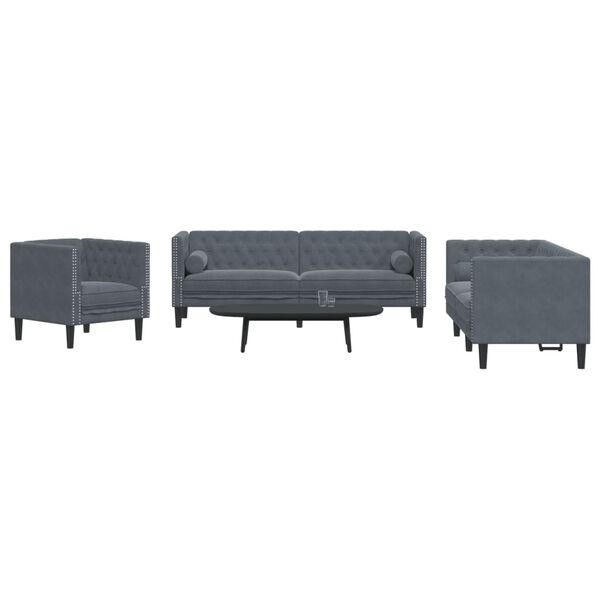 vidaXL 3 Piece Chesterfield Sofa Set with Bolsters Dark Grey Velvet