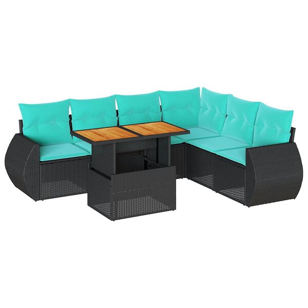 vidaXL 7 Piece Garden Sofa Set with Cushions Black Poly Rattan