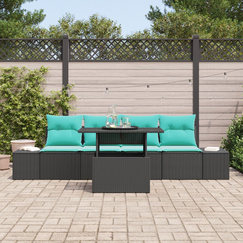vidaXL 5 Piece Garden Sofa Set with Cushions Black Poly Rattan