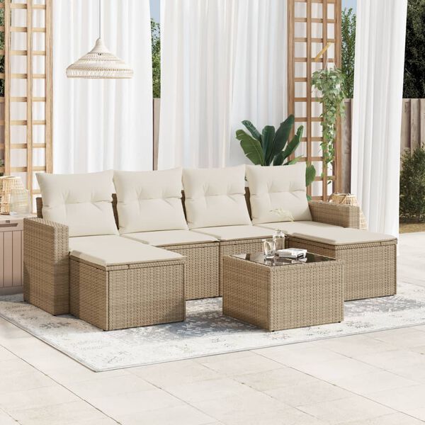 vidaXL 7 Piece Garden Sofa Set with Cushions Beige Poly Rattan