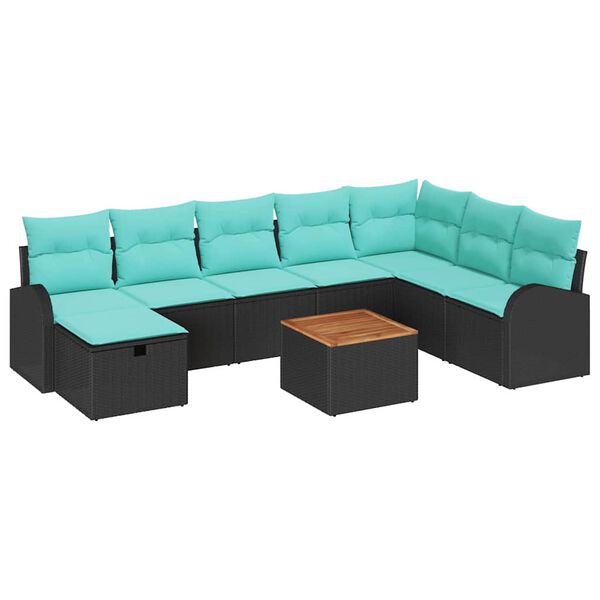 vidaXL Garden Sofa Set with Cushion 9 pcs Black Poly rattan