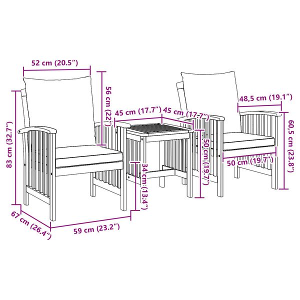 vidaXL 3 Piece Garden Lounge Set with Cushions Solid Acacia Wood