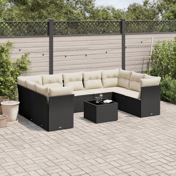 vidaXL 10 Piece Garden Sofa Set with Cushions Black Poly Rattan
