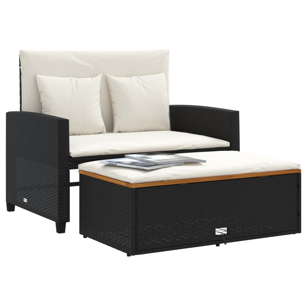 vidaXL Garden Sofa with Cushions 2-Seater Black Poly Rattan&Acacia Wood