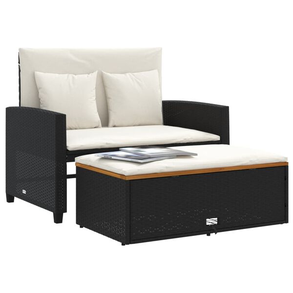 vidaXL Garden Sofa with Cushions 2-Seater Black Poly Rattan&Acacia Wood