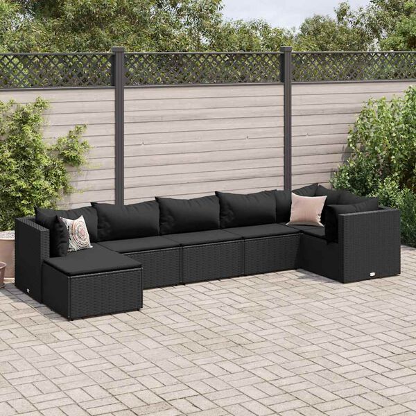 vidaXL 7 Piece Garden Lounge Set with Cushions Black Poly Rattan