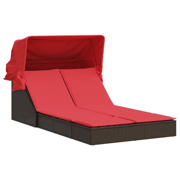 vidaXL Double Sun Lounger with Canopy and Cushions Brown Poly Rattan