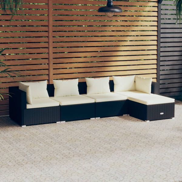 vidaXL 5 Piece Garden Lounge Set with Cushions Poly Rattan Black