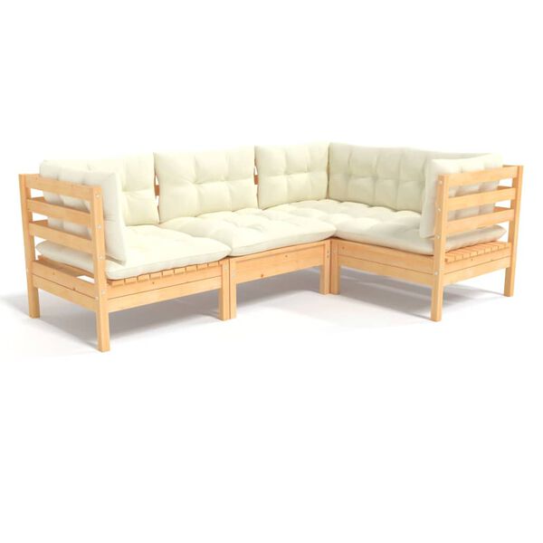 vidaXL 4 Piece Garden Lounge Set with Cream Cushions Pinewood