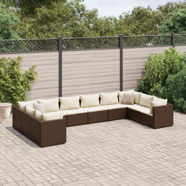 vidaXL 10 Piece Garden Lounge Set with Cushions Brown Poly Rattan