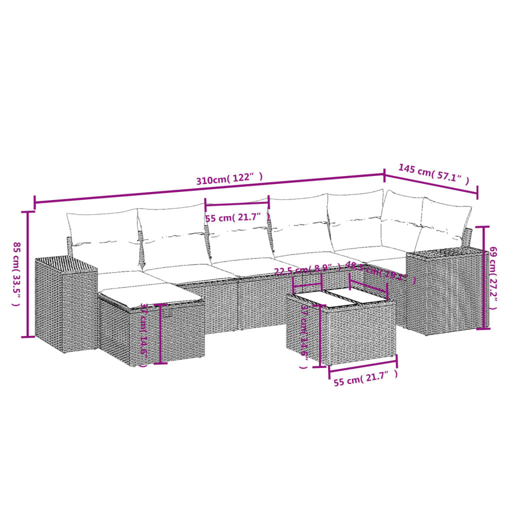 vidaXL 7 Piece Garden Sofa Set with Cushions Brown Poly Rattan