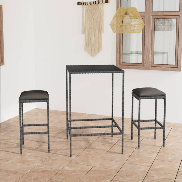 vidaXL 3 Piece Garden Bar Set with Cushions Poly Rattan Grey