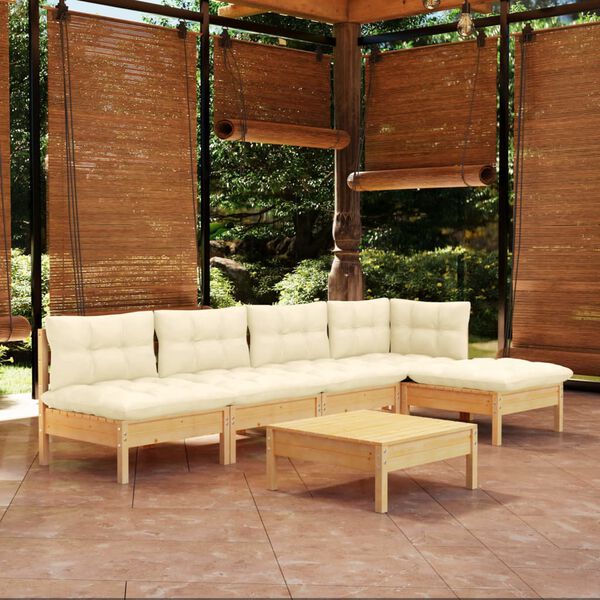 vidaXL 6 Piece Garden Lounge Set with Cream Cushions Pinewood