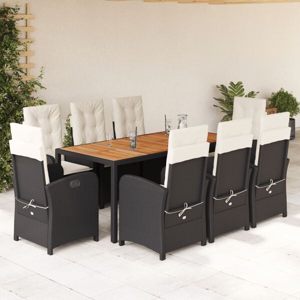 vidaXL 9 Piece Garden Dining Set with Cushions Black Poly Rattan