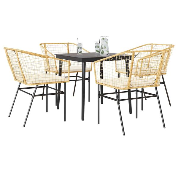 vidaXL 5 Piece Garden Dining Set with Cushions Brown Poly Rattan Glass