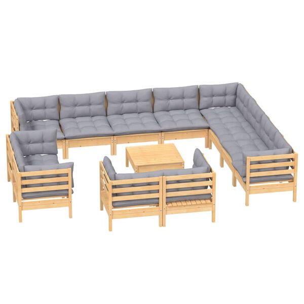 vidaXL 13 Piece Garden Lounge Set with Grey Cushions Solid Pinewood