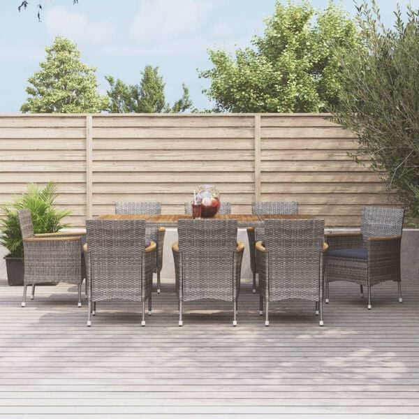 vidaXL 9 Piece Garden Dining Set with Cushions Grey Poly Rattan