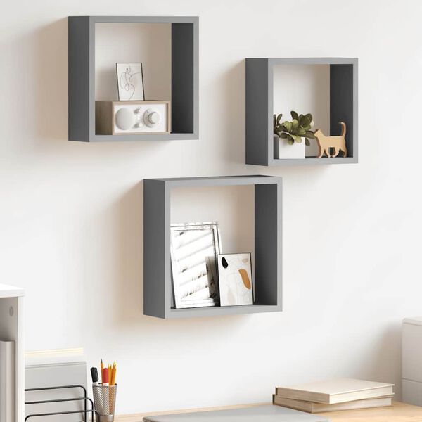 vidaXL Wall Cube Shelves 3 pcs Grey MDF