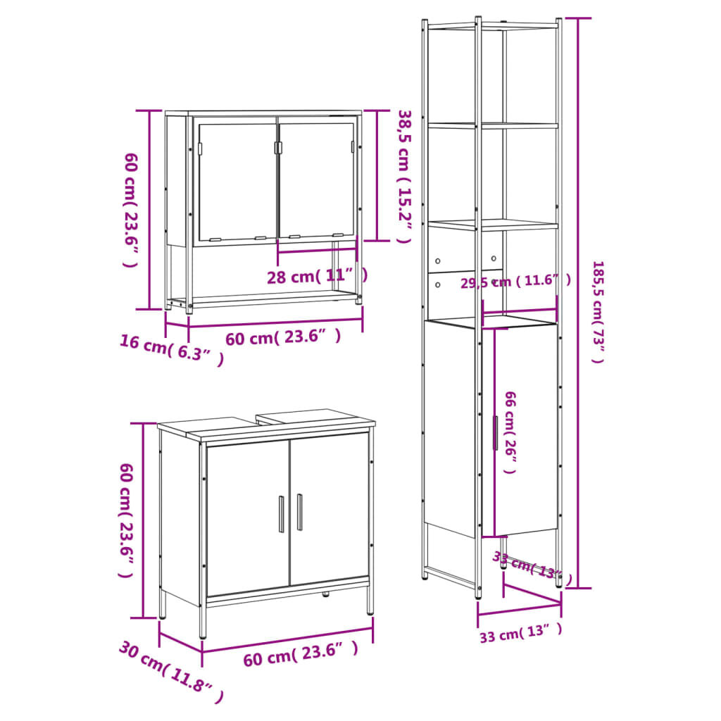 vidaXL 3 Piece Bathroom Furniture Set Smoked Oak Engineered Wood