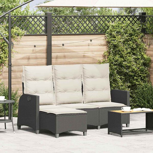 vidaXL Reclining Garden Sofa with Cushions L-shaped Black Poly Rattan