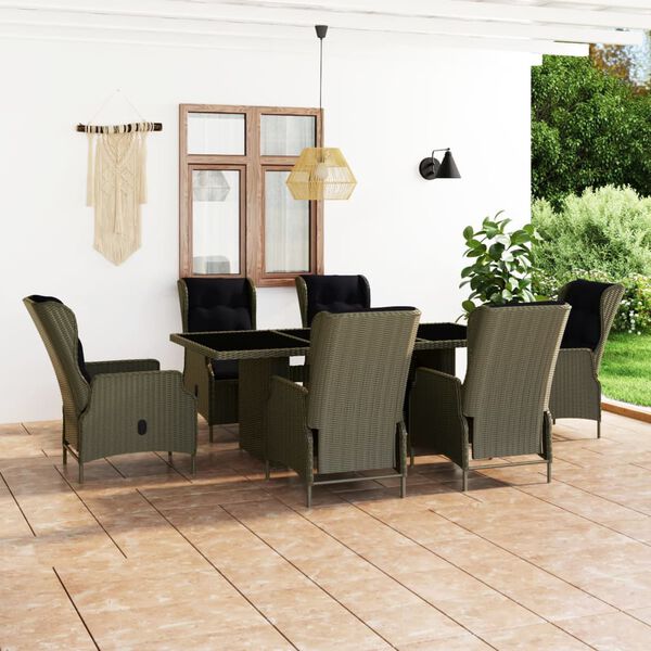vidaXL 7 Piece Outdoor Dining Set with Cushions Poly Rattan Brown