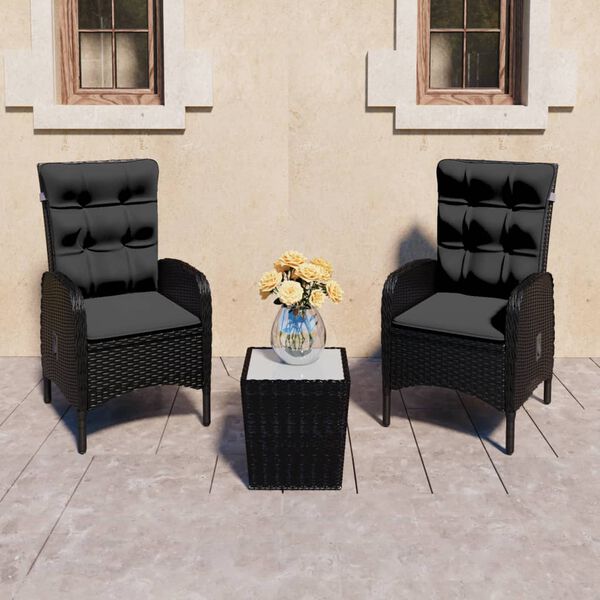 vidaXL 3 Piece Garden Bistro Set Poly Rattan and Glass Black