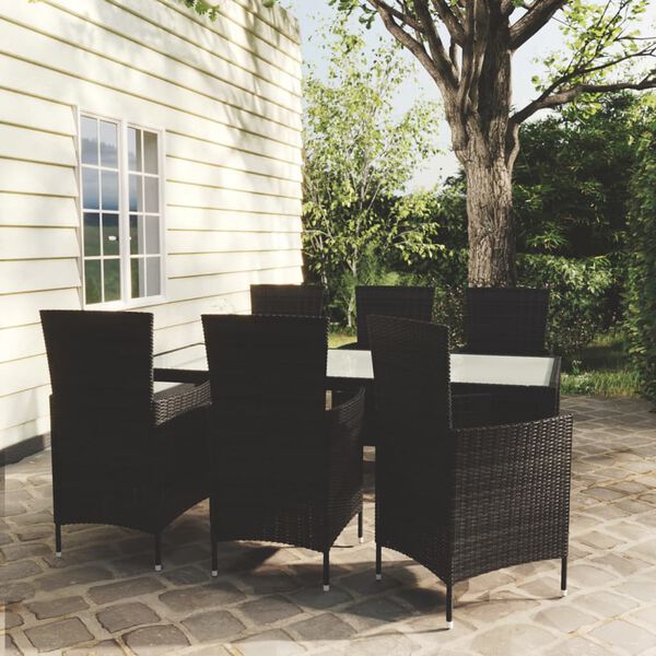 vidaXL 7 Piece Outdoor Dining Set with Cushions Poly Rattan Black