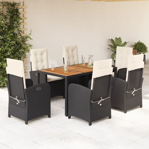 vidaXL 7 Piece Garden Dining Set with Cushions Black Poly Rattan