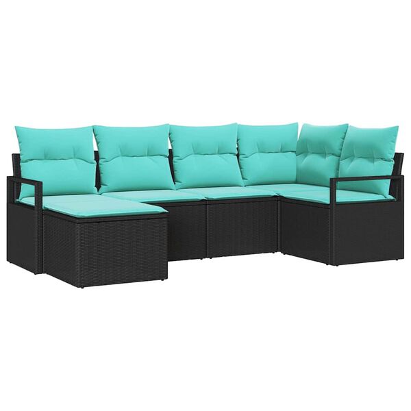 vidaXL Sofa Set with Cushion 6 pcs Black and Turquoise Poly Rattan