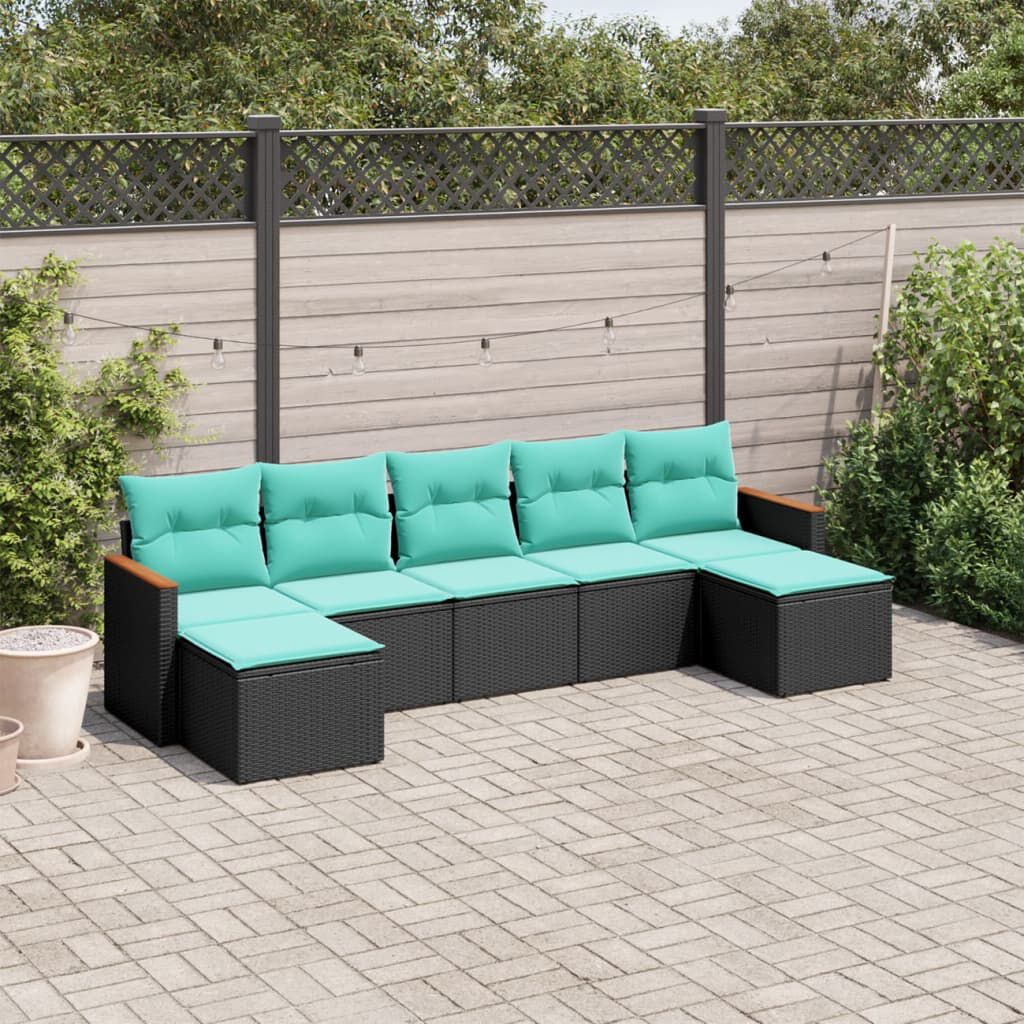 vidaXL 7 Piece Garden Sofa Set with Cushions Black Poly Rattan