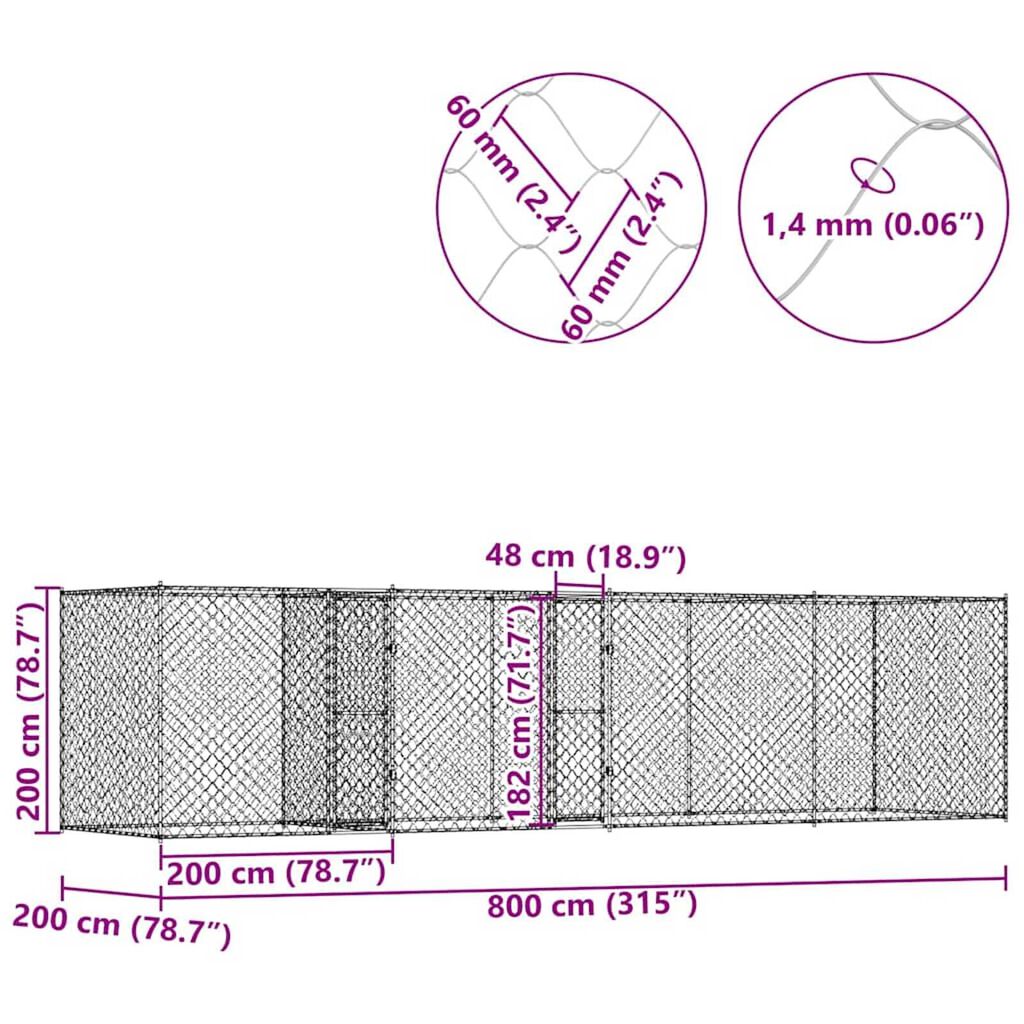 Dog Cage Silver 800 x 200 x 200 cm Galvanised Steel