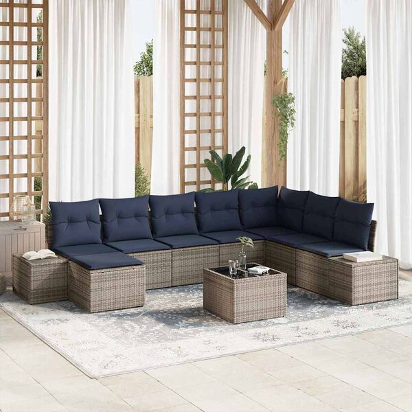 vidaXL Garden Sofa Set with Cushion 9 pcs Grey Poly Rattan
