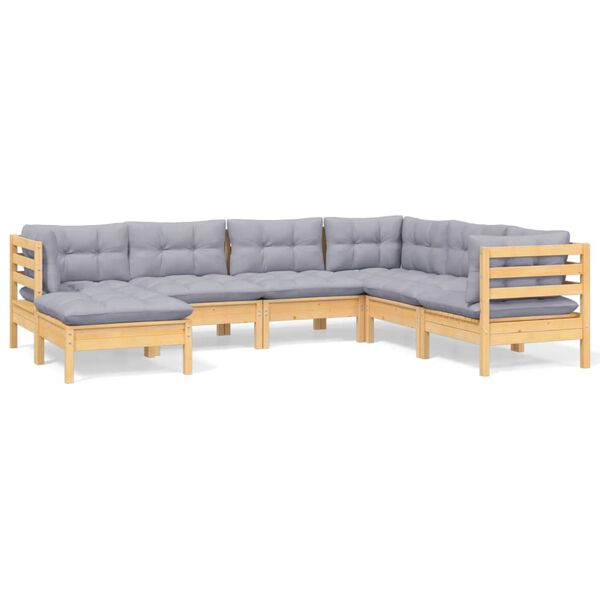 vidaXL 7 Piece Garden Lounge Set with Grey Cushions Solid Pinewood