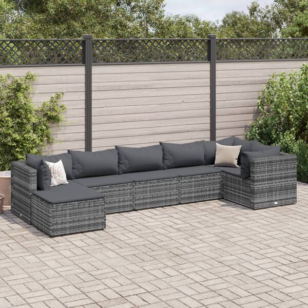 vidaXL 7 Piece Garden Lounge Set with Cushions Grey Poly Rattan