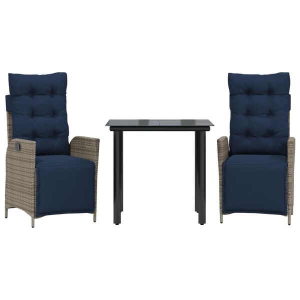 vidaXL 3 Piece Garden Dining Set with Cushions Grey Poly Rattan