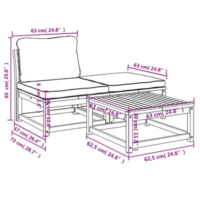 vidaXL 3 Piece Garden Lounge Set with Cushions Solid Wood Acacia