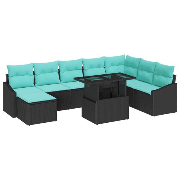 vidaXL 9 Piece Garden Sofa Set with Cushions Black Poly Rattan