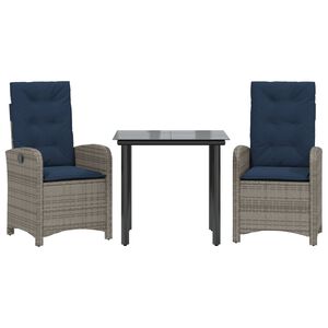 vidaXL 3 Piece Garden Dining Set with Cushions Grey Poly Rattan