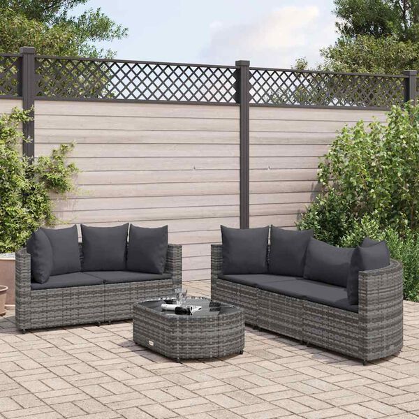 vidaXL 6 Piece Garden Sofa Set with Cushions Grey Poly Rattan