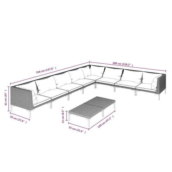 vidaXL 9 Piece Garden Lounge Set with Cushions Poly Rattan Dark Grey