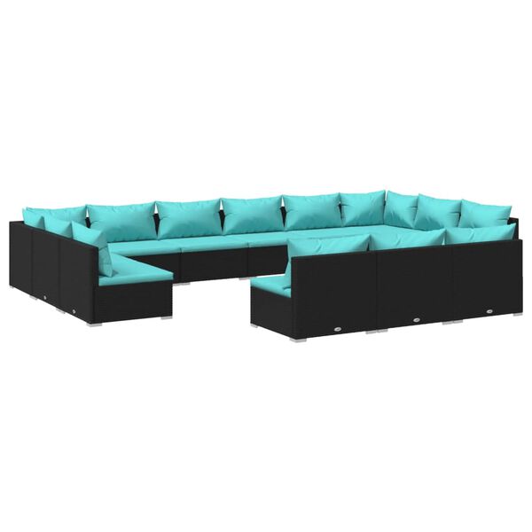vidaXL 13 Piece Garden Lounge Set with Cushions Black Poly Rattan