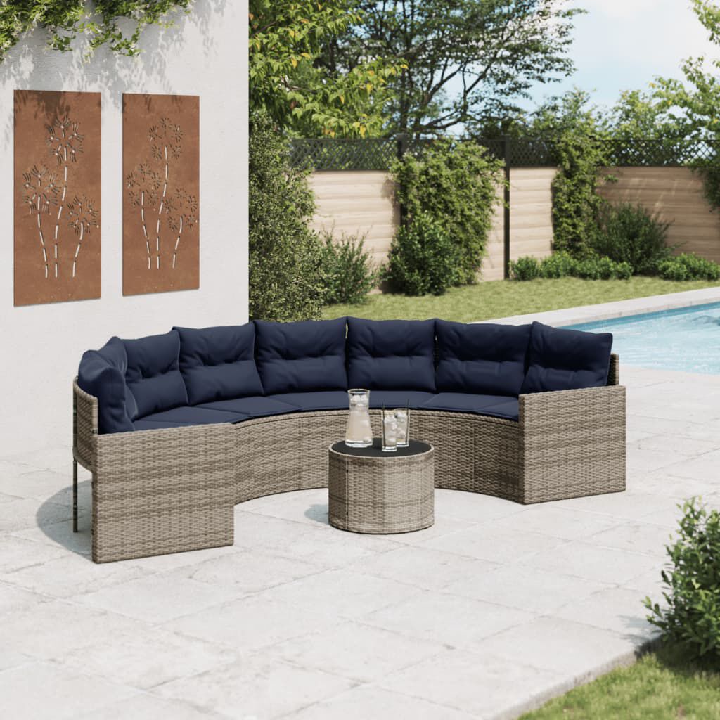 vidaXL Garden Sofa with Table and Cushions Half-Round Grey Poly Rattan