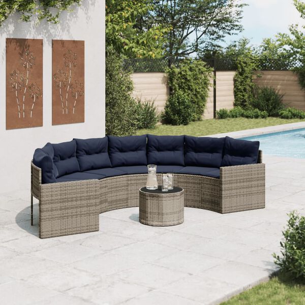 vidaXL Garden Sofa with Table and Cushions Half-Round Grey Poly Rattan