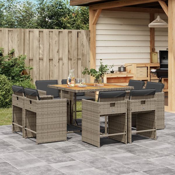 vidaXL 9 Piece Garden Dining Set with Cushions Grey Poly Rattan