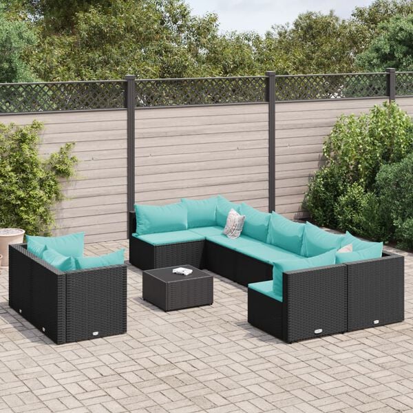 vidaXL 10 Piece Garden Sofa Set with Cushions Black Poly Rattan