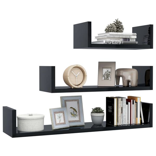 vidaXL Wall Display Shelf 3 pcs High Gloss Black Engineered Wood