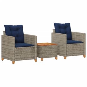 vidaXL 3 Piece Bistro Set with Cushions Grey Poly Rattan Acacia Wood